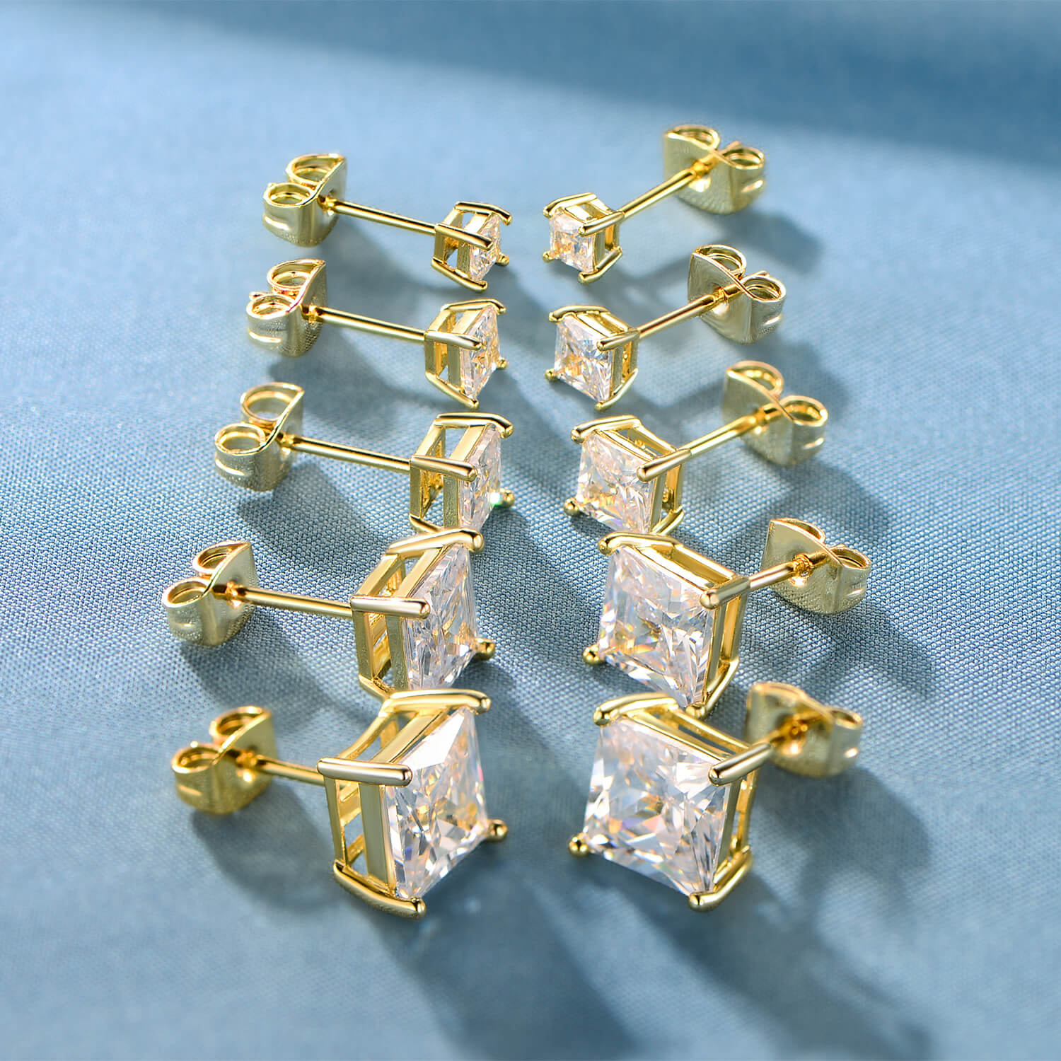 GEMSME 18K Yellow Gold Plated Princess Cut Cubic Zirconia Stud Earrings
