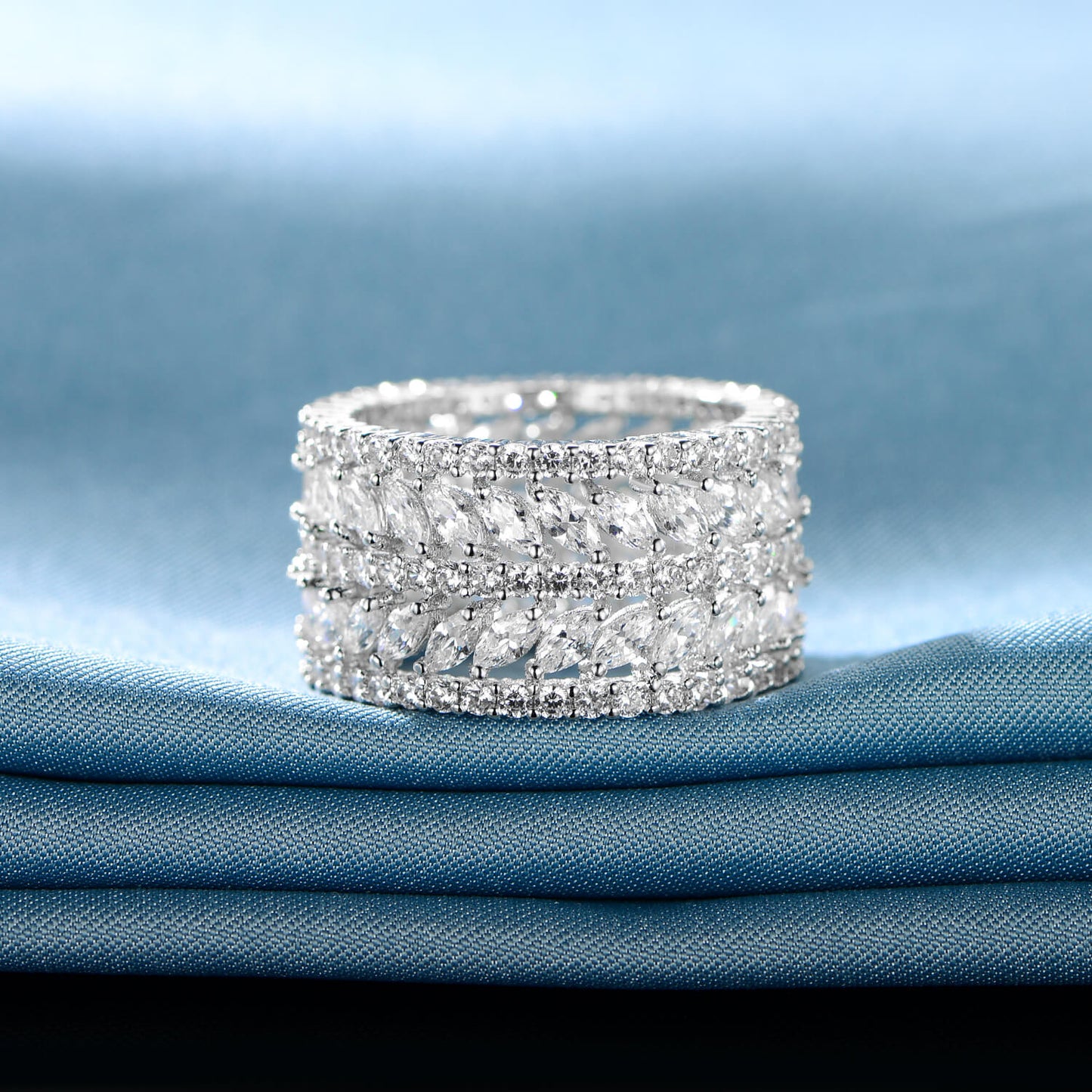 GEMSME 14K Gold Plated Marquise Cubic Zirconia Eternity Statment Ring for Women