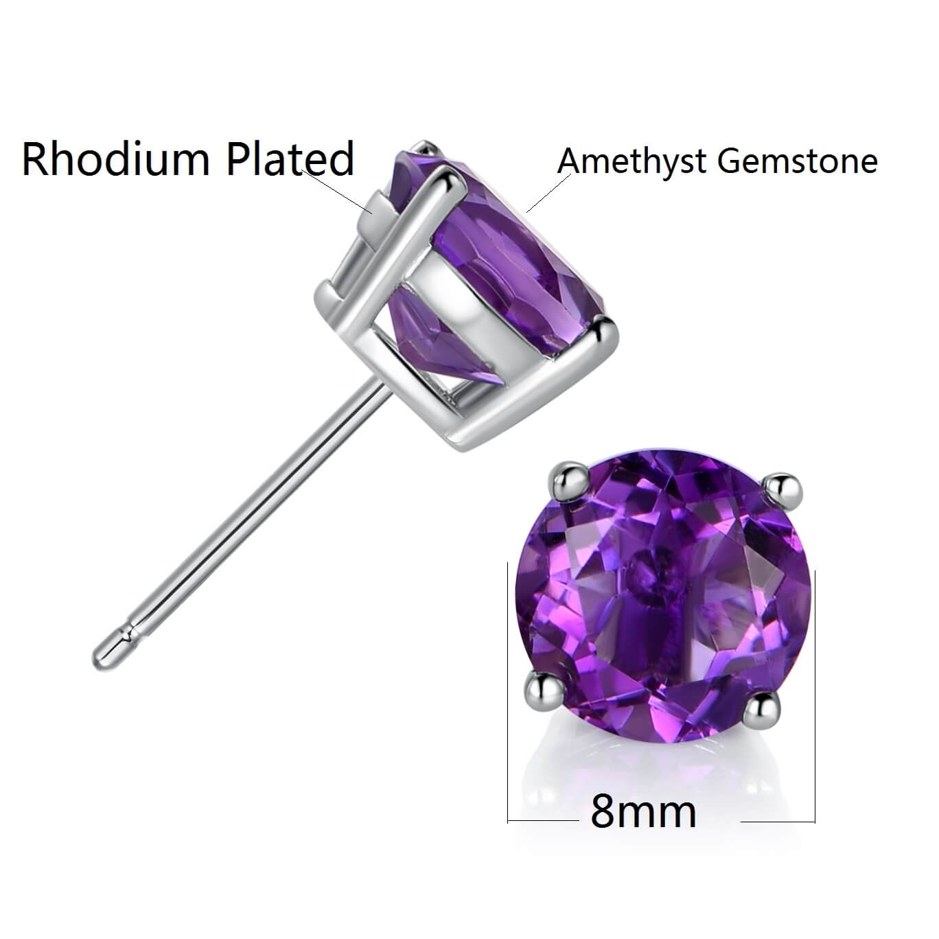 GEMSME 925 Sterling Silver 8.0mm Round Amethyst Gemstone Stud Earrings Filled With 18K White Gold