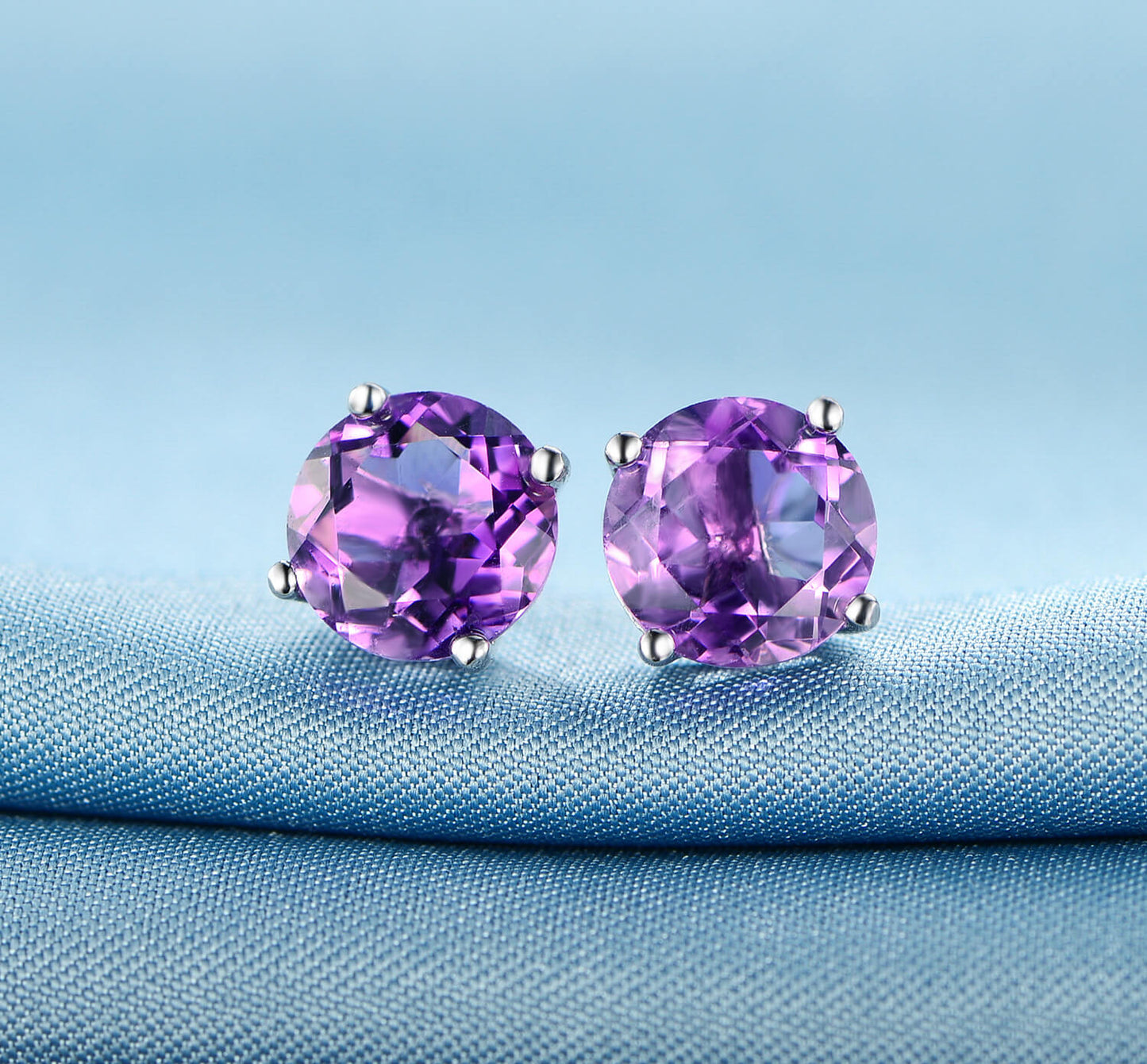 GEMSME 925 Sterling Silver 8.0mm Round Amethyst Gemstone Stud Earrings Filled With 18K White Gold