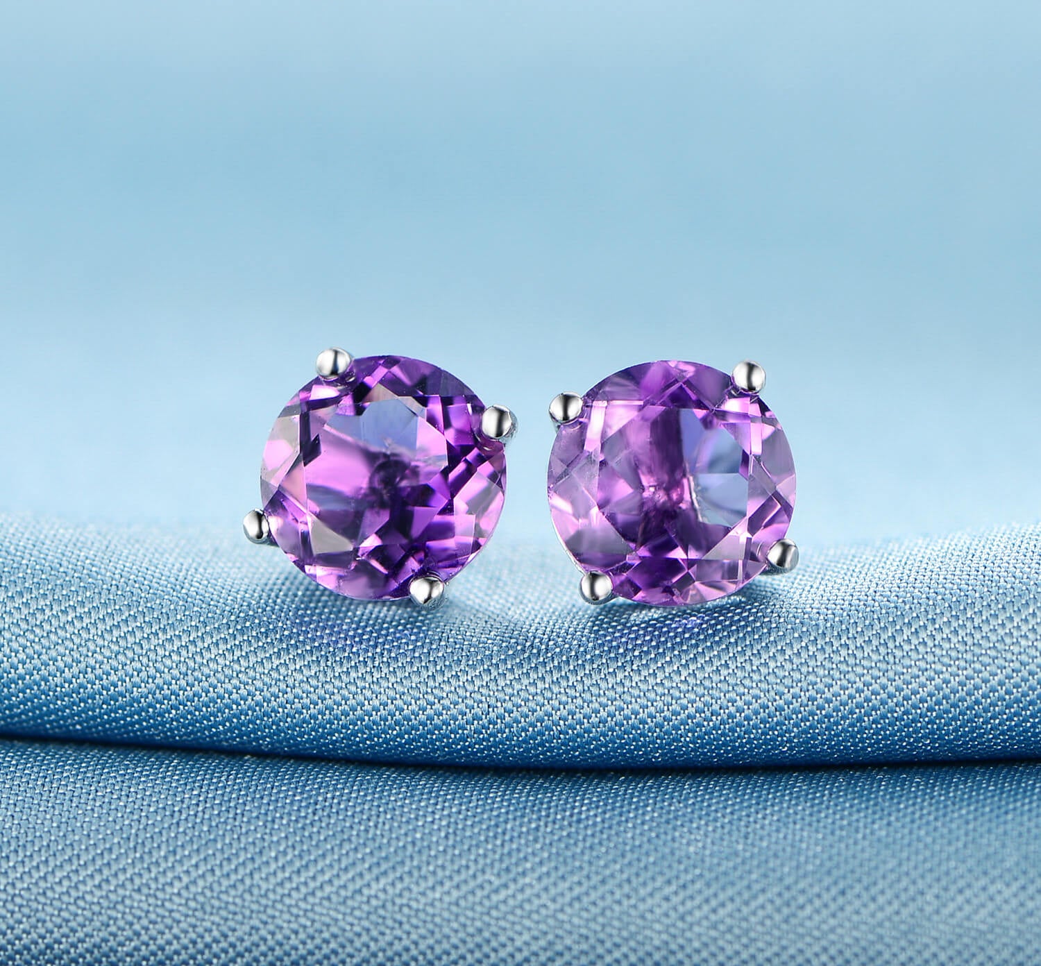 GEMSME 925 Sterling Silver 8.0mm Round Amethyst Gemstone Stud Earrings Filled With 18K White Gold