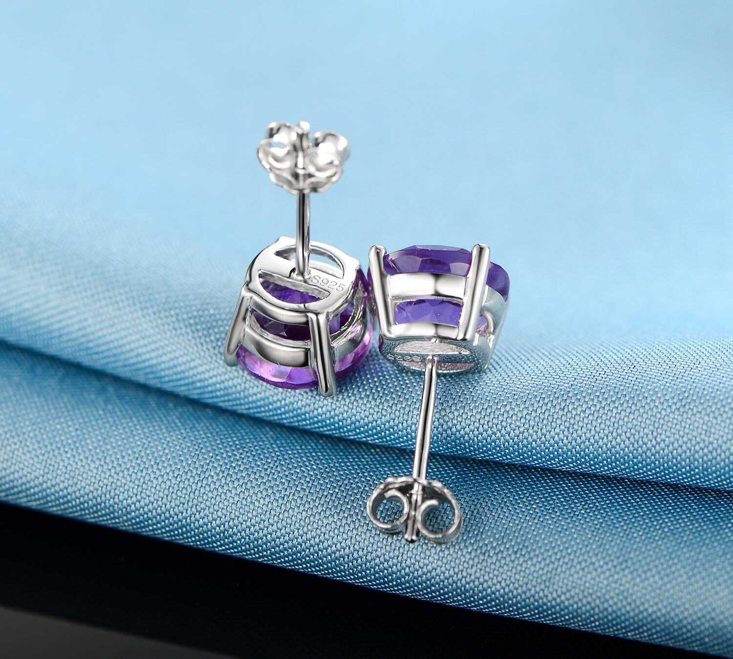 GEMSME 925 Sterling Silver 8.0mm Round Amethyst Gemstone Stud Earrings Filled With 18K White Gold