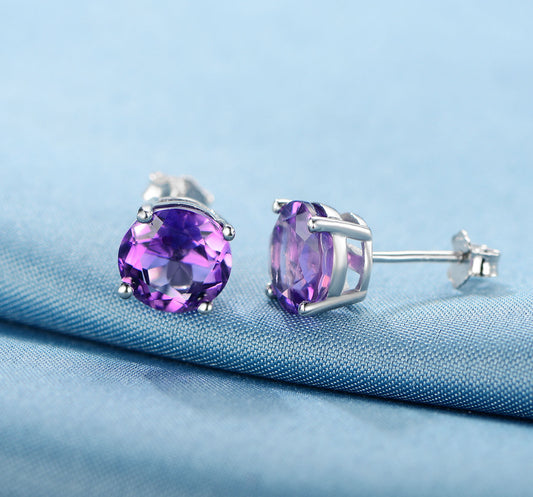 GEMSME 925 Sterling Silver 8.0mm Round Amethyst Gemstone Stud Earrings Filled With 18K White Gold