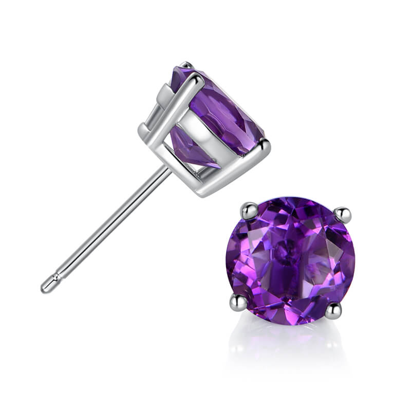 GEMSME 925 Sterling Silver 8.0mm Round Amethyst Gemstone Stud Earrings Filled With 18K White Gold